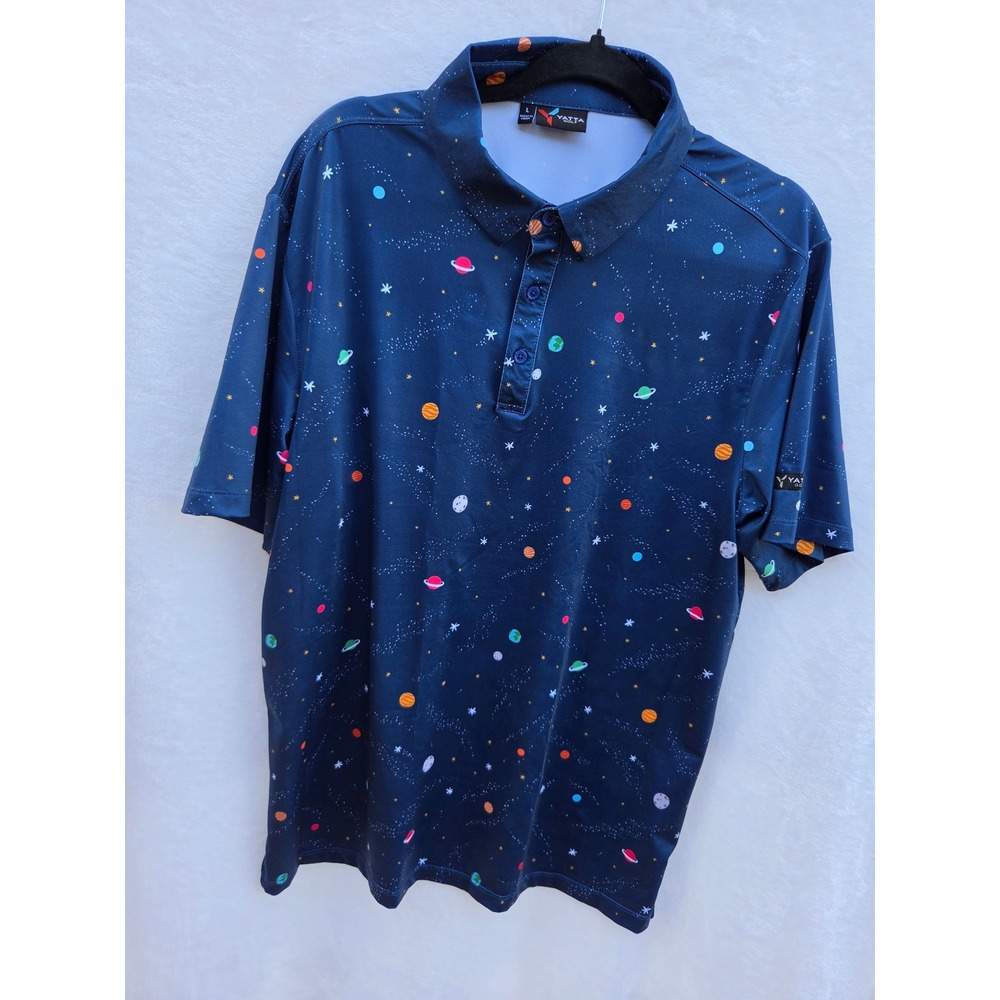 Yatta Golf Polo Shirt Mens Large Navy Galaxy Space Print Excellent Stretch Tech